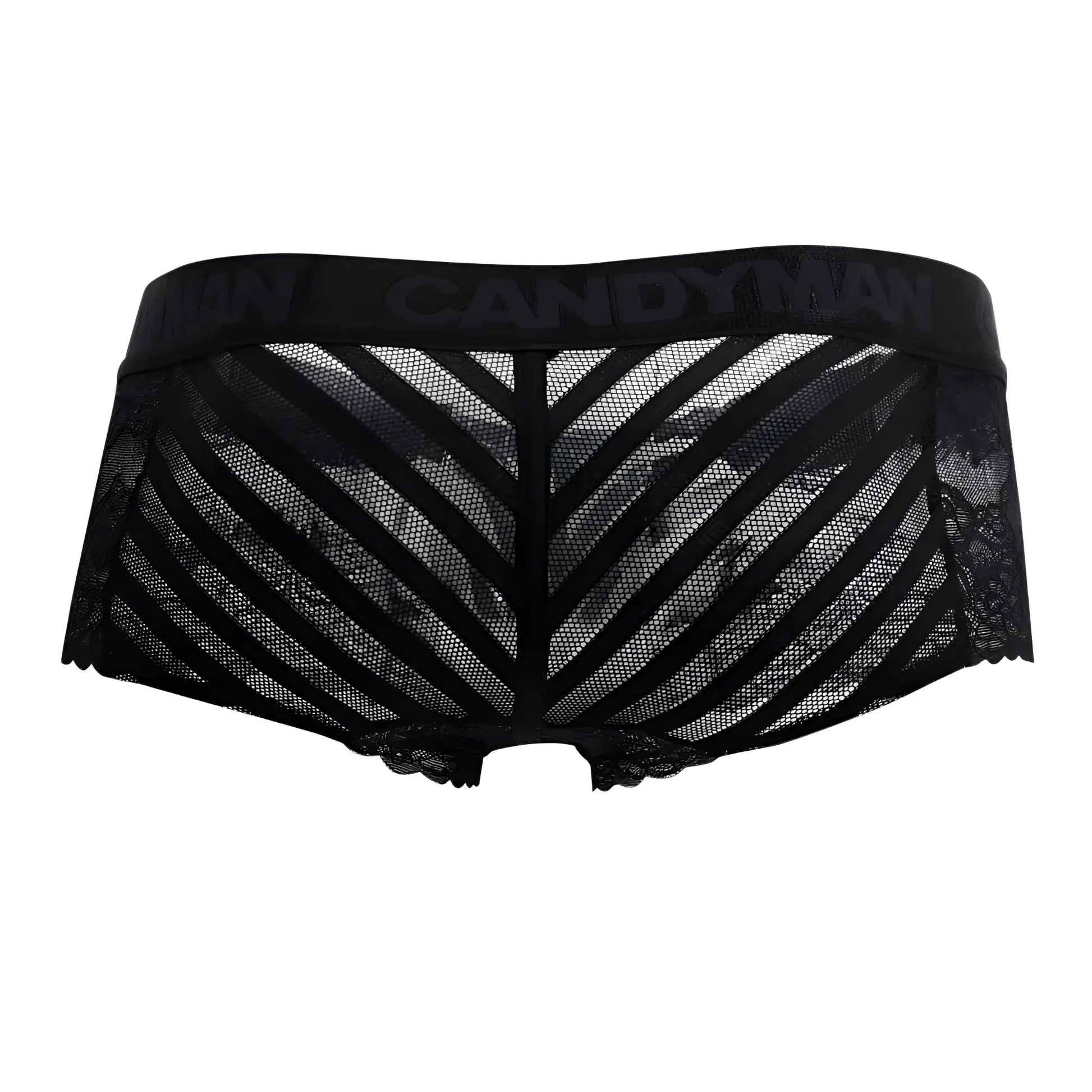 Black lace candyMan 99393 boxer briefs with diagonal striped mesh panel and branded waistband in black color
