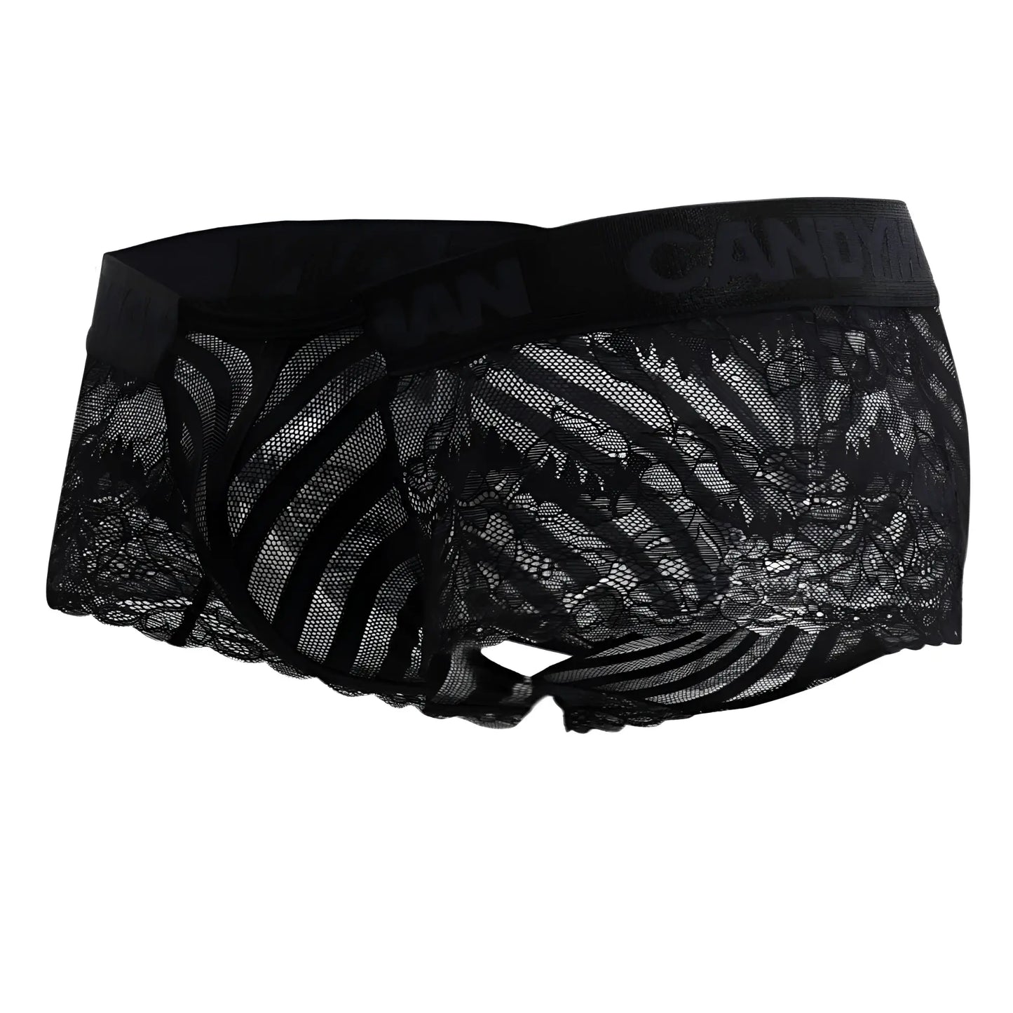 Black candyMan 99393 boxer briefs with patterned lace design and elastic waistband