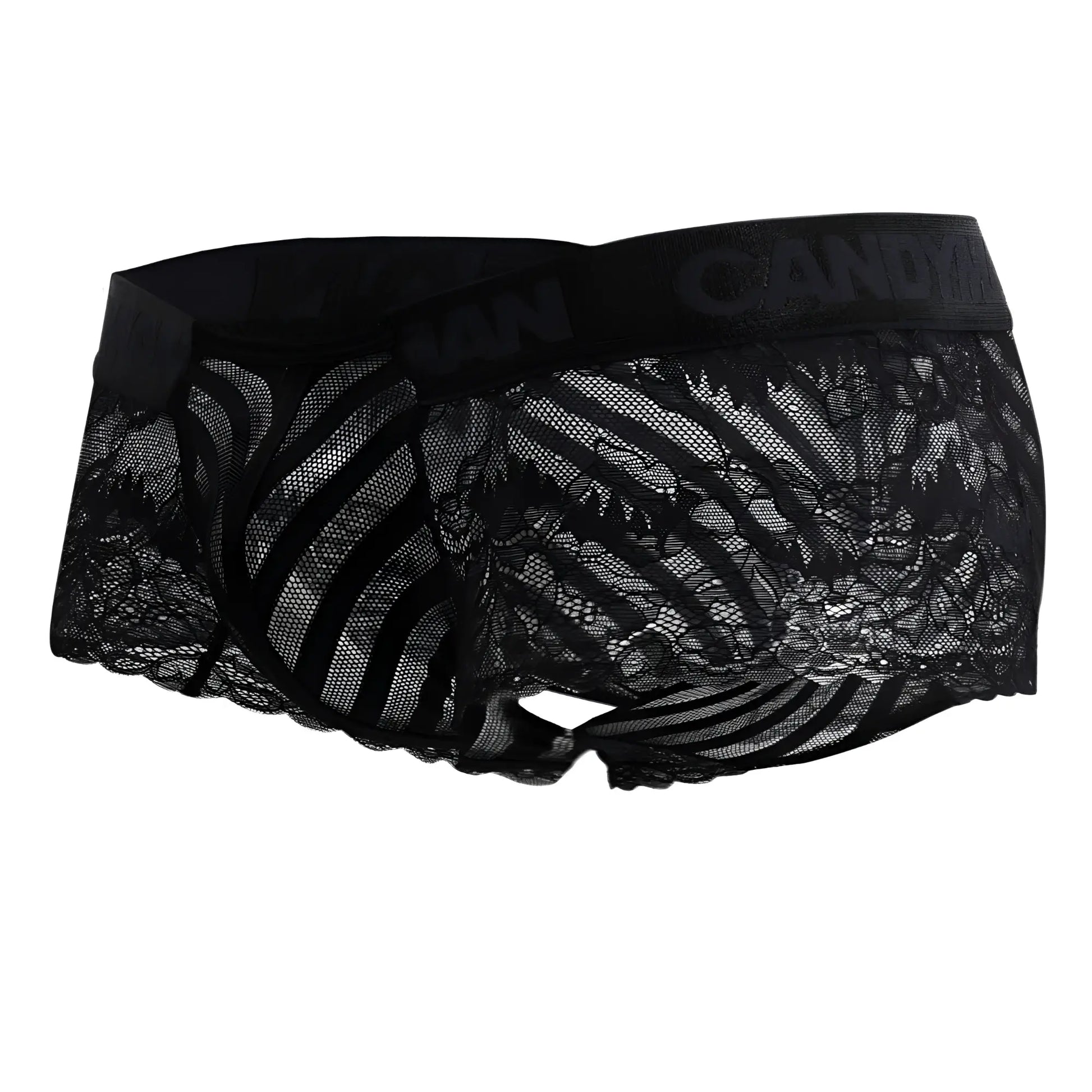 Black candyMan 99393 boxer briefs with patterned lace design and elastic waistband