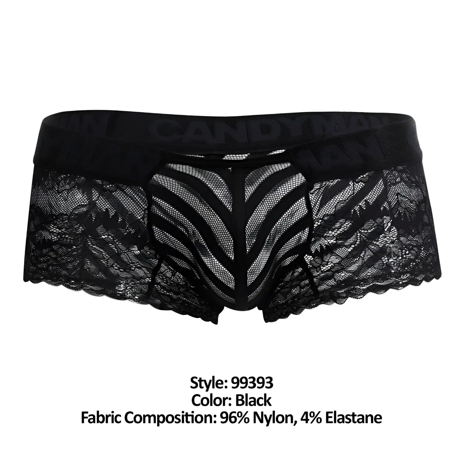 Candyman 99393 black boxer briefs with black lace sheer patterned front panel and scalloped edges for stylish wear