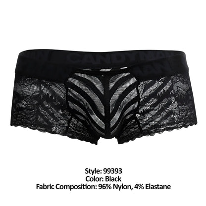 Candyman 99393 black boxer briefs with black lace sheer patterned front panel and scalloped edges for stylish wear
