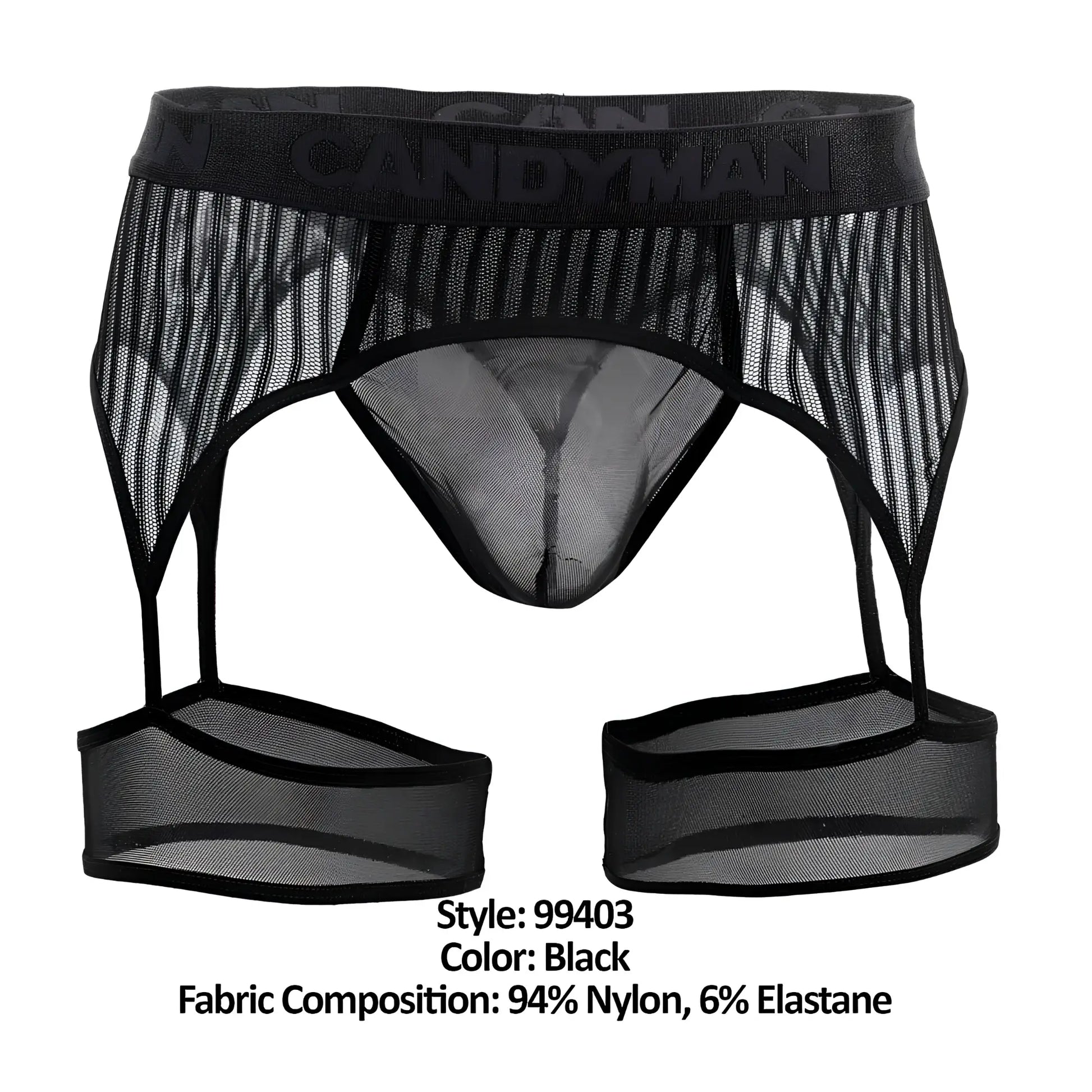 Black mesh CandyMan 99403 garter belt with sheer striped design and elastic waistband for lingerie wear