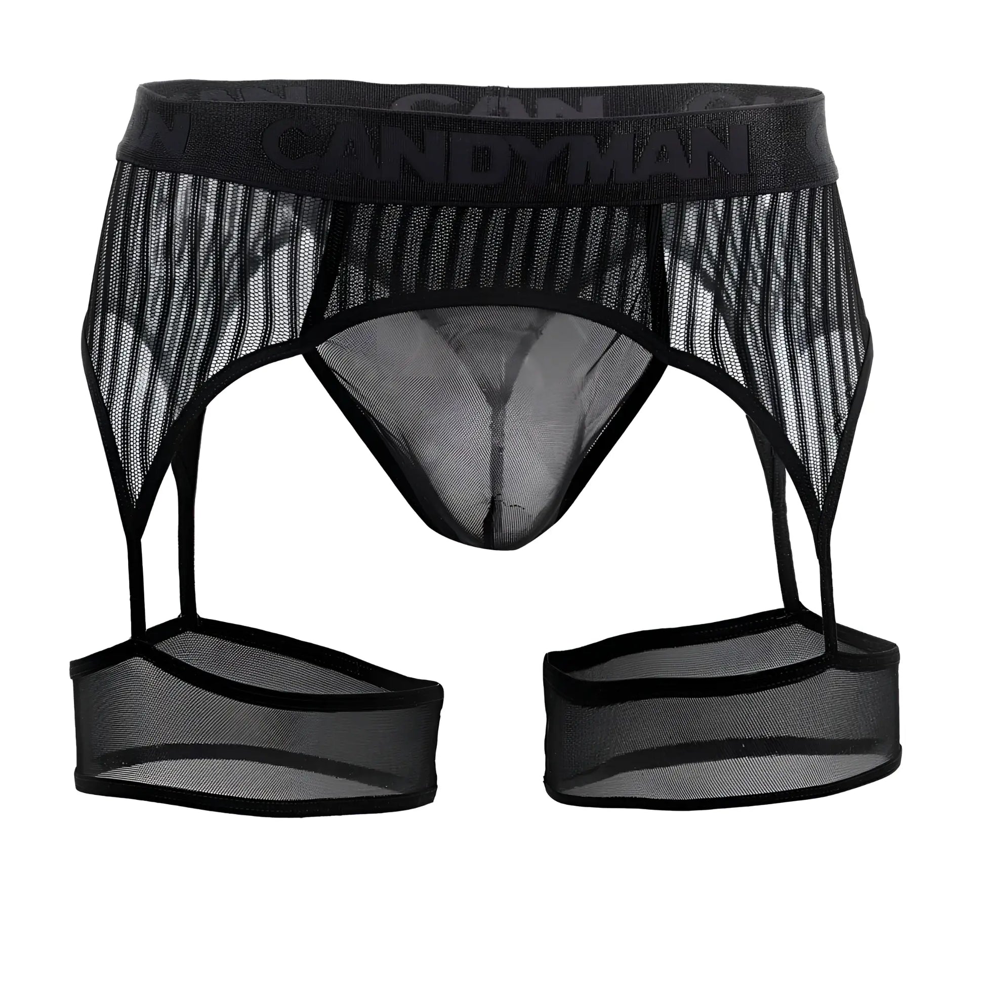 CandyMan 99403 black mesh garter belt with sheer design and reinforced elastic waistband for lingerie wear