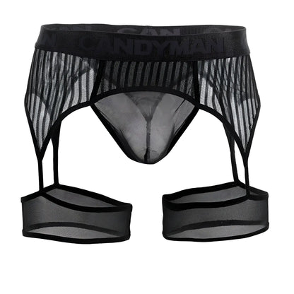 CandyMan 99403 black mesh garter belt with sheer design and reinforced elastic waistband for lingerie wear