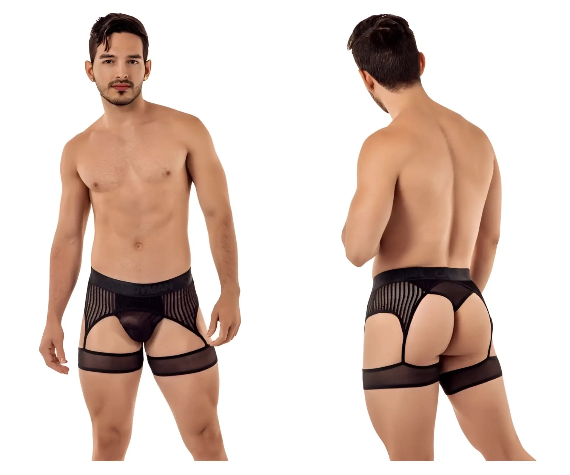 Black mesh briefs with sheer striped design and supportive leg straps candyMan 99403 stripes garterbelt thongs