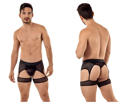 Black mesh briefs with sheer striped design and supportive leg straps candyMan 99403 stripes garterbelt thongs