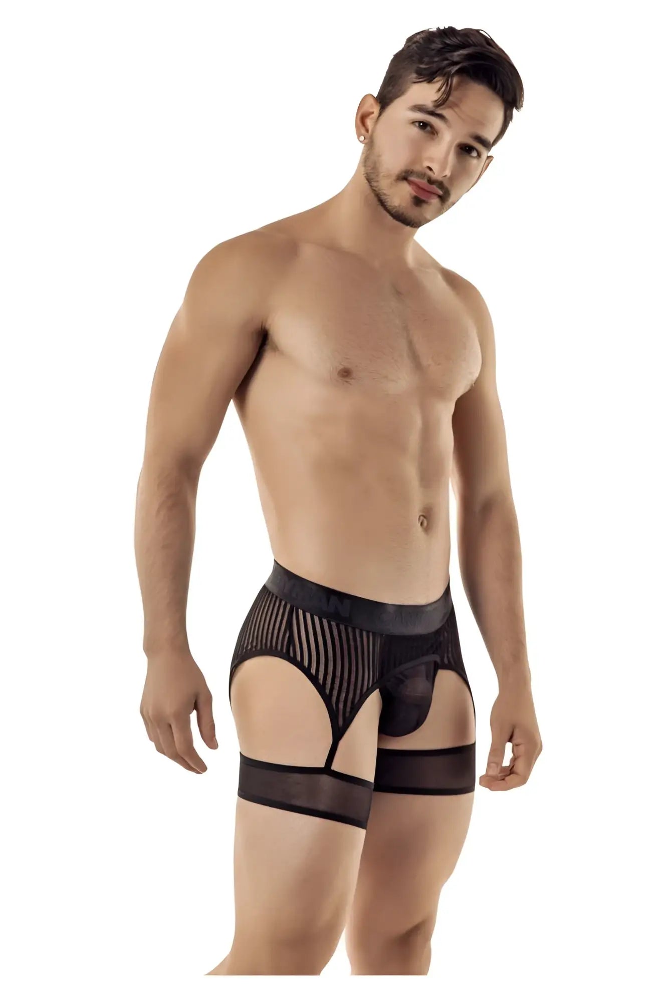 Black sheer mesh briefs with solid waistband and leg straps from candyman 99403 stripes garterbelt thongs in black