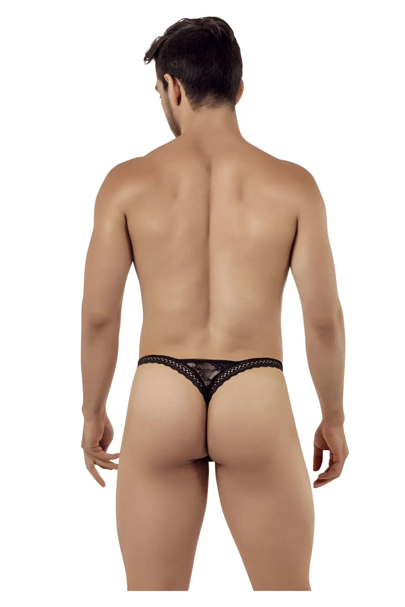 Black candyMan 99420 double lace thong featuring a delicate intricate mesh pattern in lace material