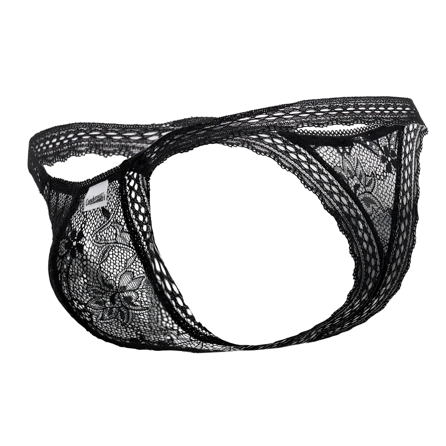 Black lace thong CandyMan 99420 double lace thongs with floral pattern and sheer mesh design in black