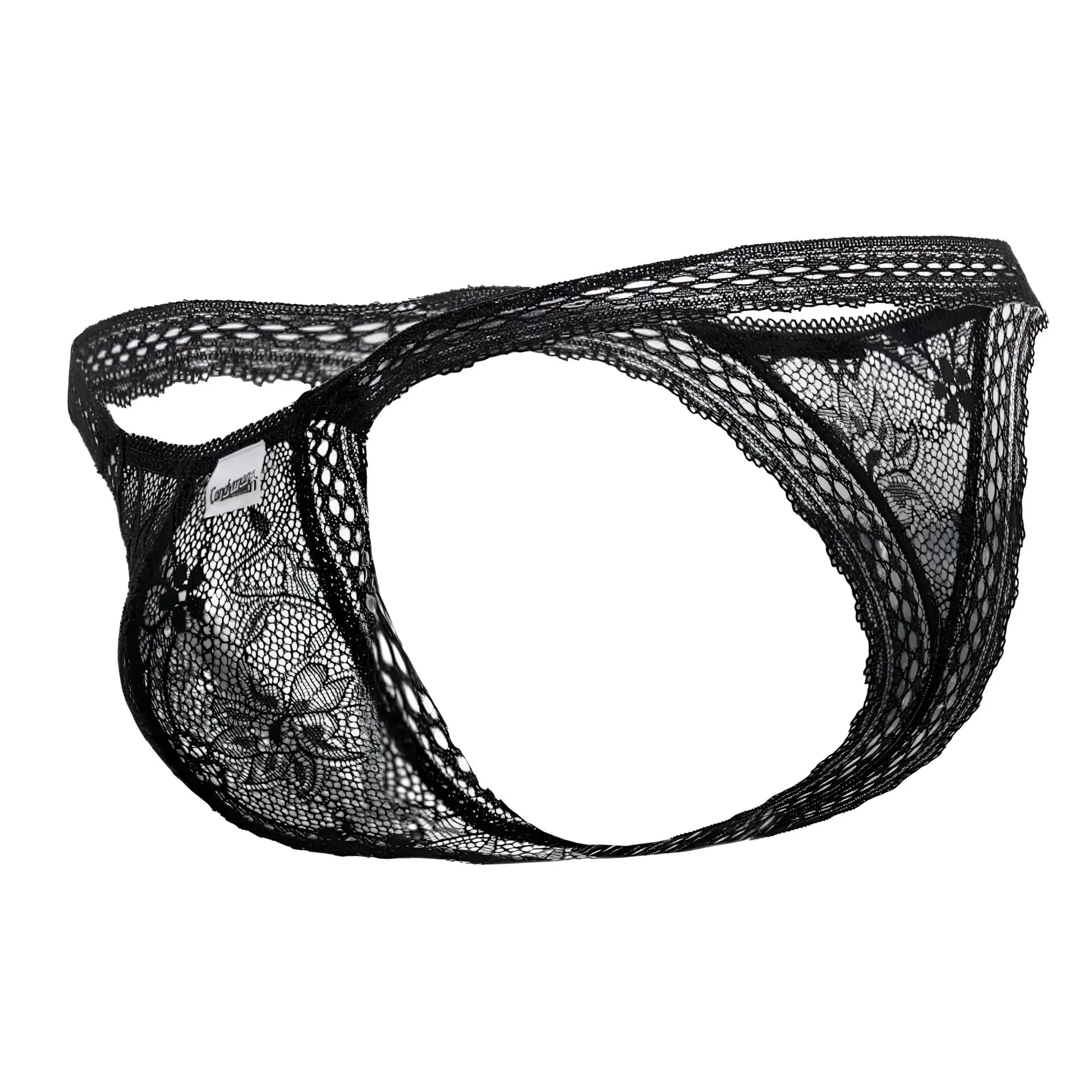 Black lace thong CandyMan 99420 double lace thongs with floral pattern and sheer mesh design in black