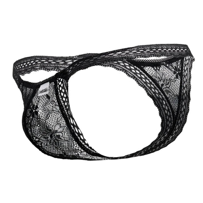 Black lace thong CandyMan 99420 double lace thongs with floral pattern and sheer mesh design in black