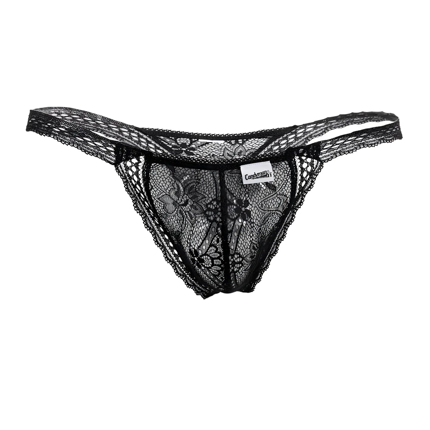 Black lace thong with intricate floral patterns and delicate sheer design from CandyMan 99420 double lace thongs black