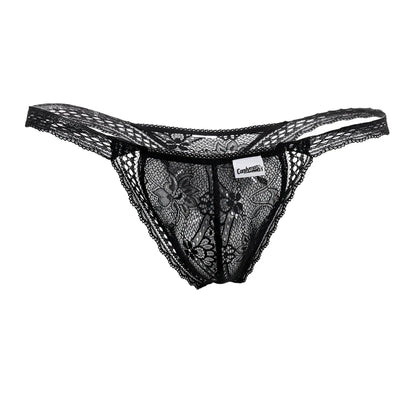 Black lace thong with intricate floral patterns and delicate sheer design from CandyMan 99420 double lace thongs black