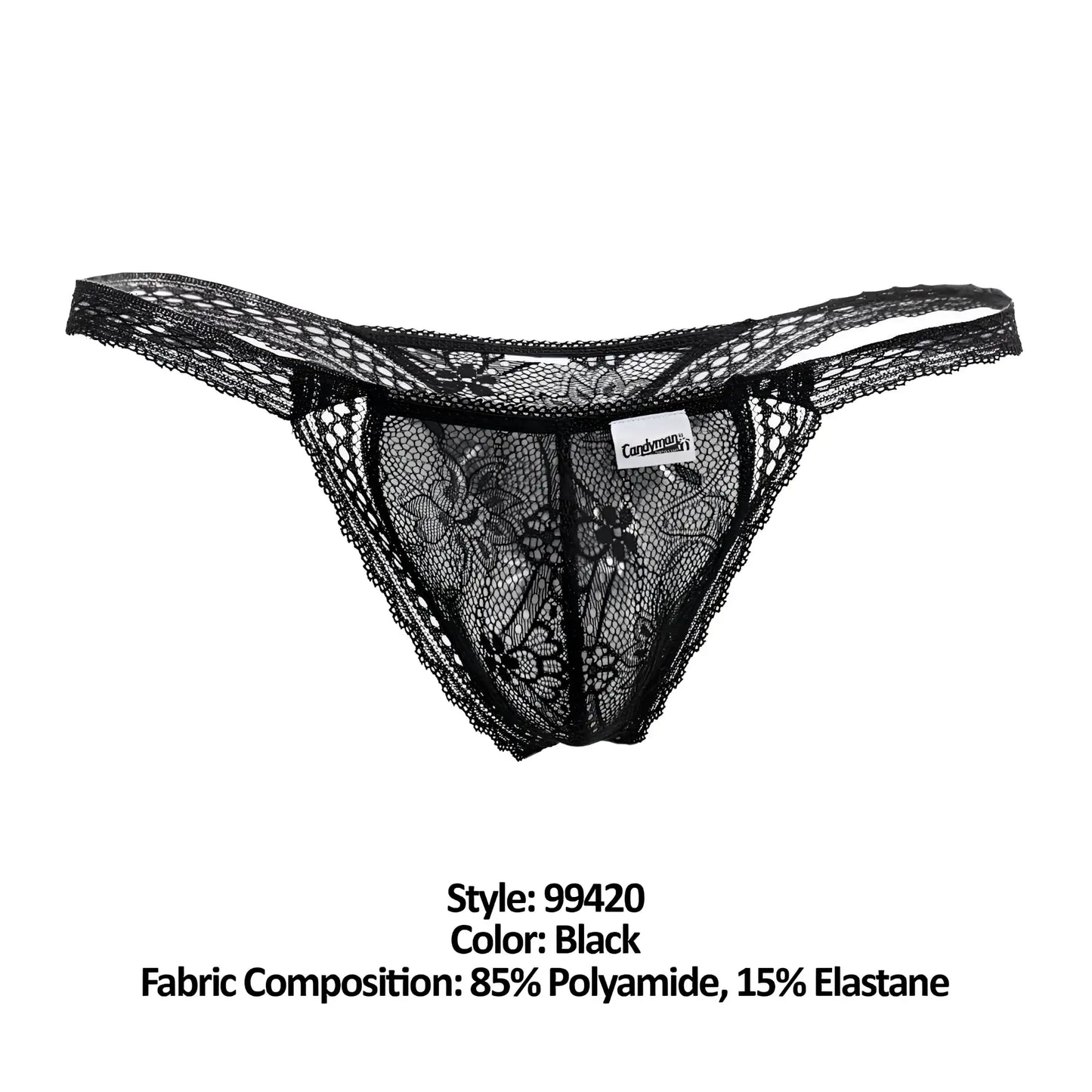 CandyMan 99420 black lace thong with intricate floral patterns and delicate sheer design shown from the back