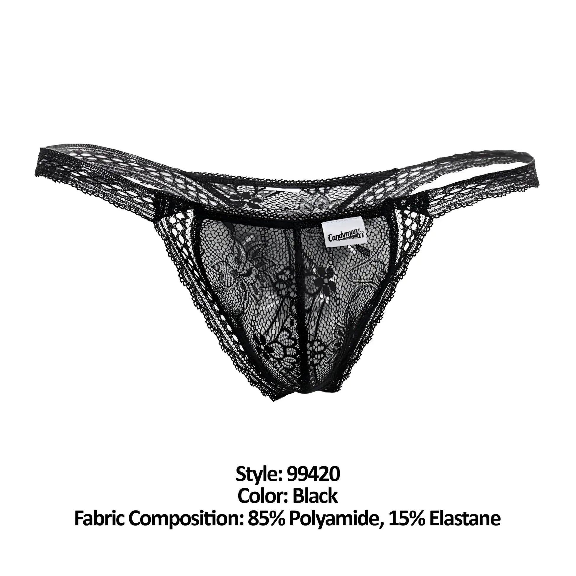 CandyMan 99420 black lace thong with intricate floral patterns and delicate sheer design shown from the back