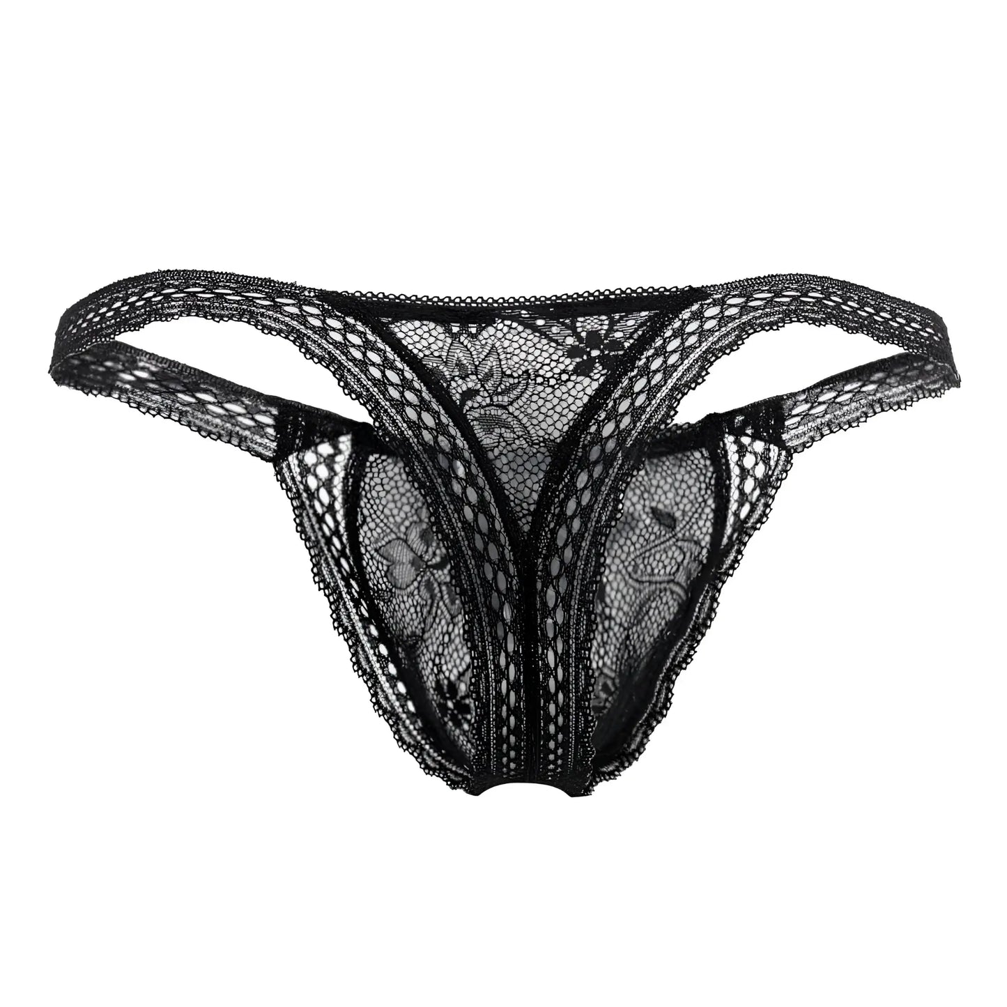 Black candyMan 99420 double lace thong with intricate floral patterns and sheer mesh texture