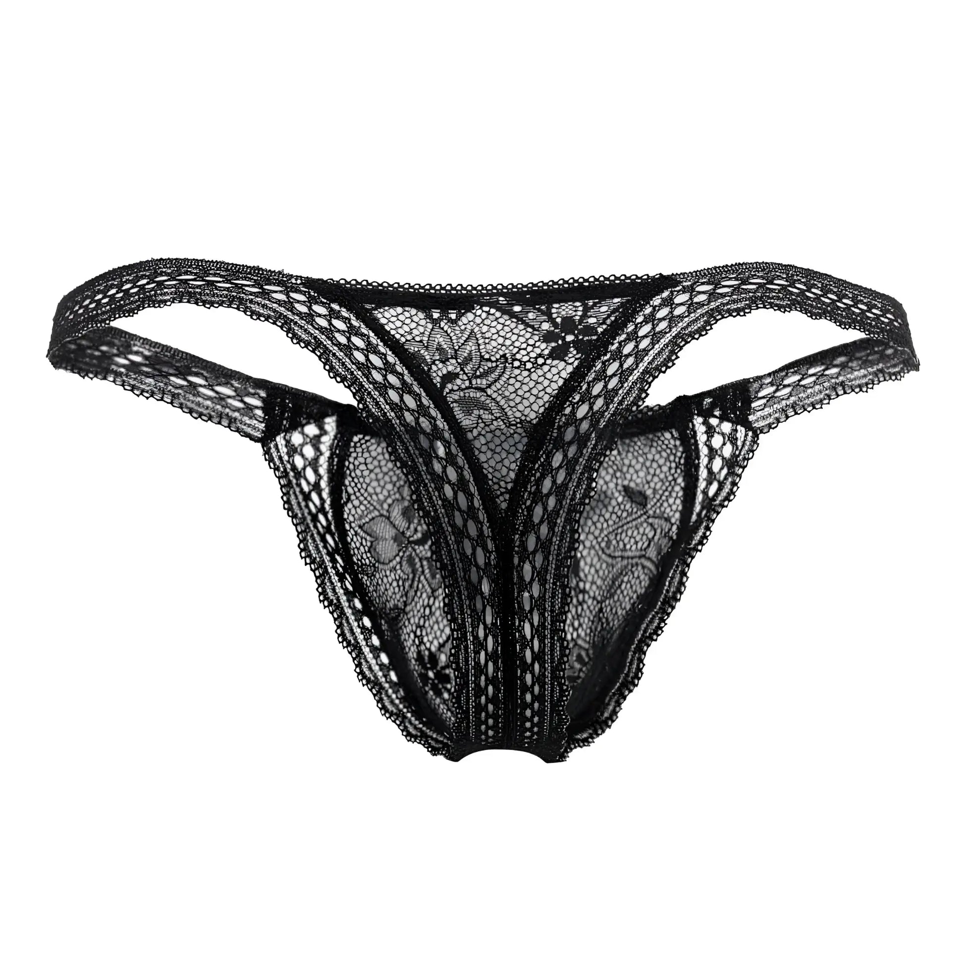 Black candyMan 99420 double lace thong with intricate floral patterns and sheer mesh texture