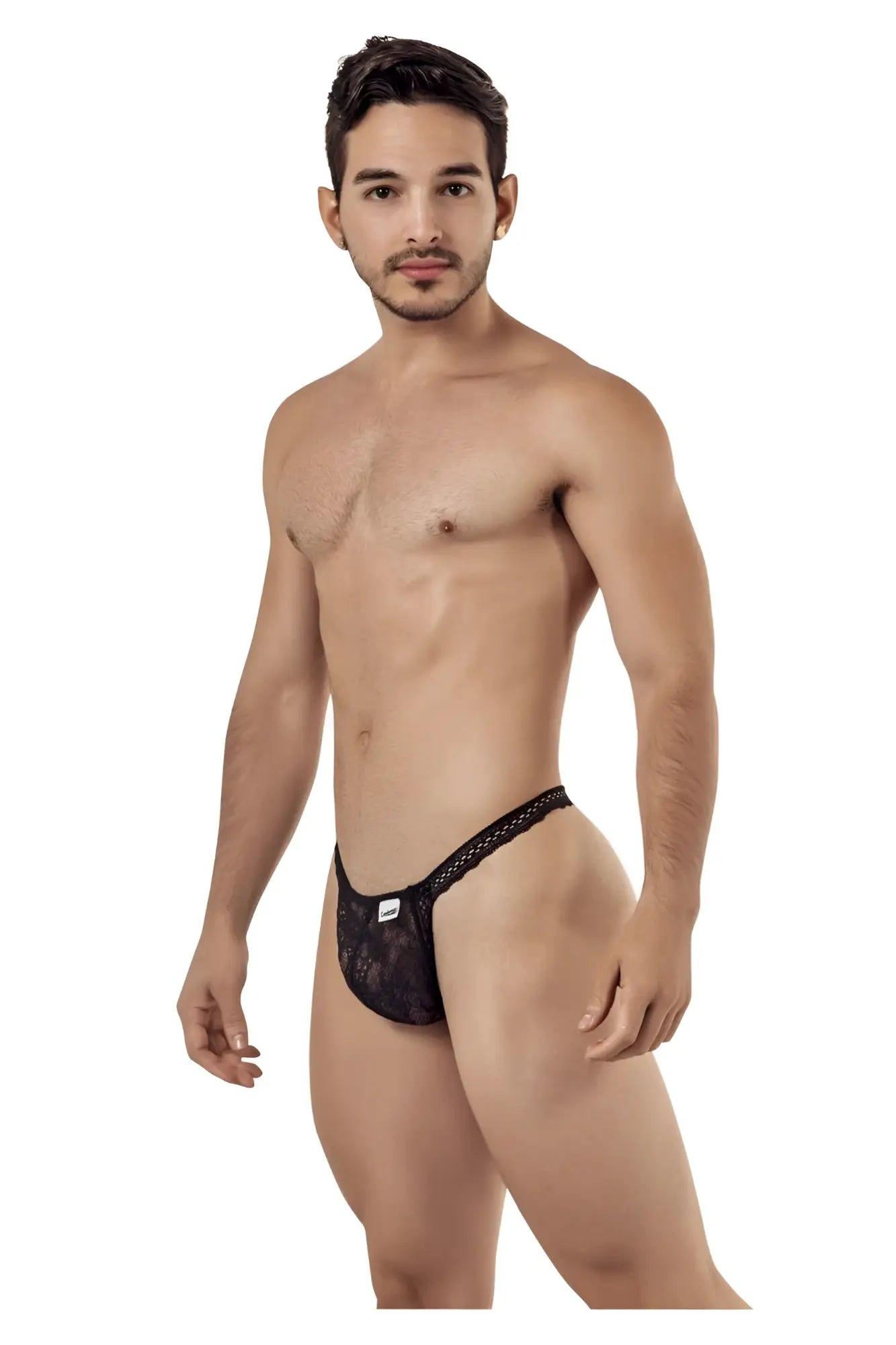 Black candy man 99420 double lace thong with subtle pattern and small white brand tag at the front