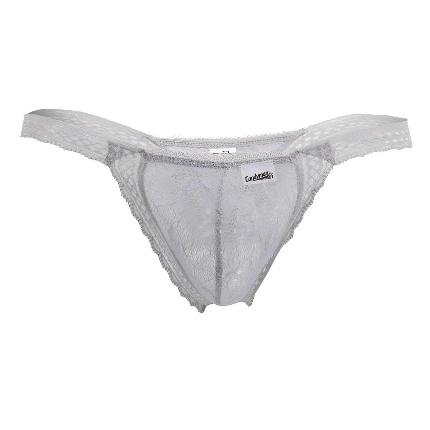 CandyMan 99420 gray double lace thongs with silver lace floral patterns and soft sheer fabric