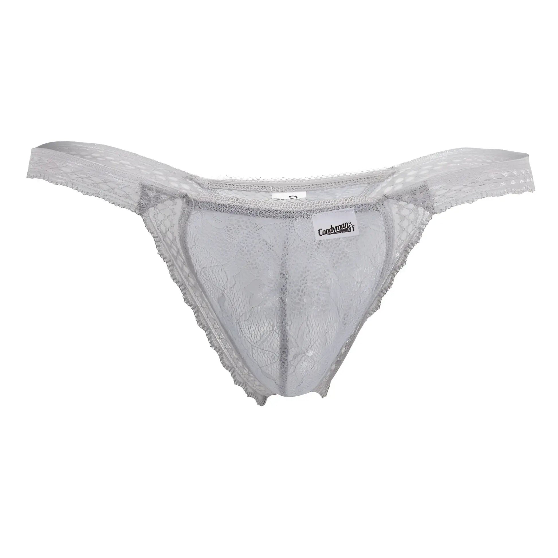 CandyMan 99420 gray double lace thongs with silver lace floral patterns and soft sheer fabric