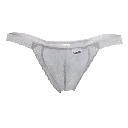 CandyMan 99420 gray double lace thongs with silver lace floral patterns and soft sheer fabric
