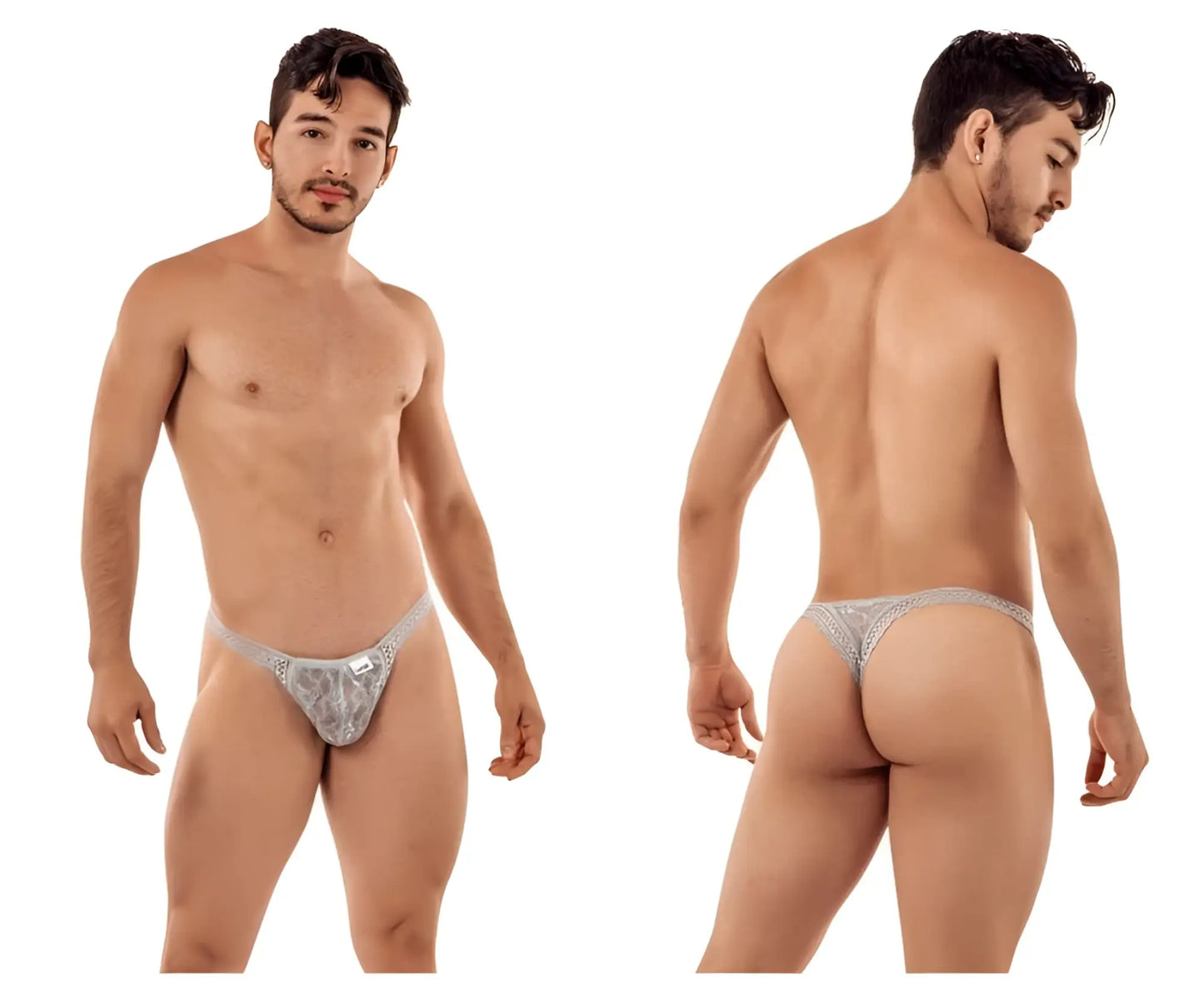 CandyMan 99420 double lace thong in gray with silver lace intricate pattern and small metallic logo on the front