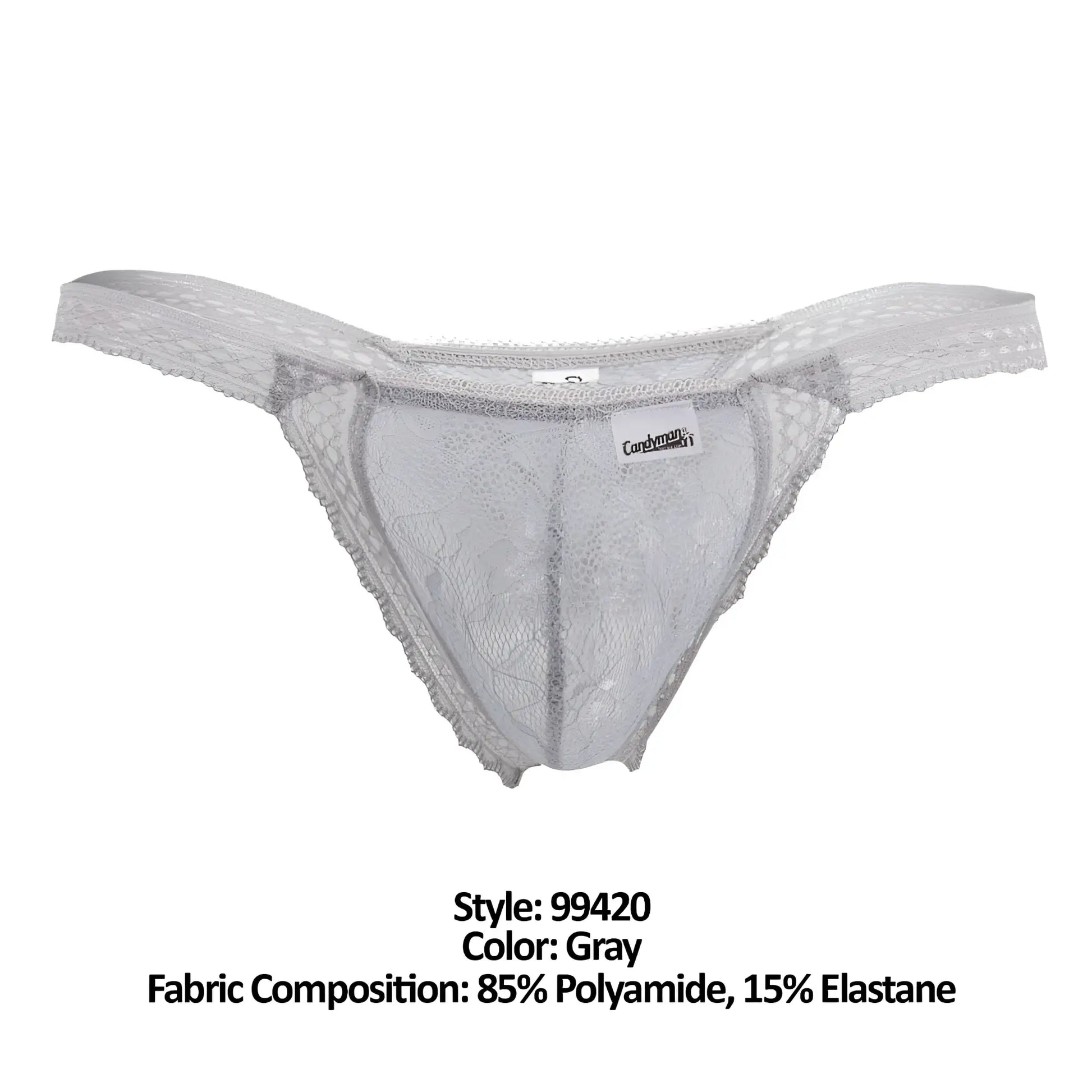 Gray lace thong candyMan 99420 with delicate floral patterns and sheer stretchy fabric composition