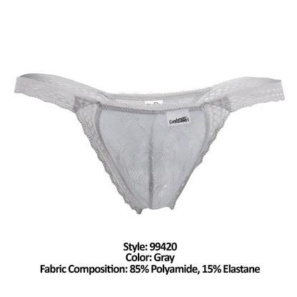 Gray lace thong candyMan 99420 with delicate floral patterns and sheer stretchy fabric composition