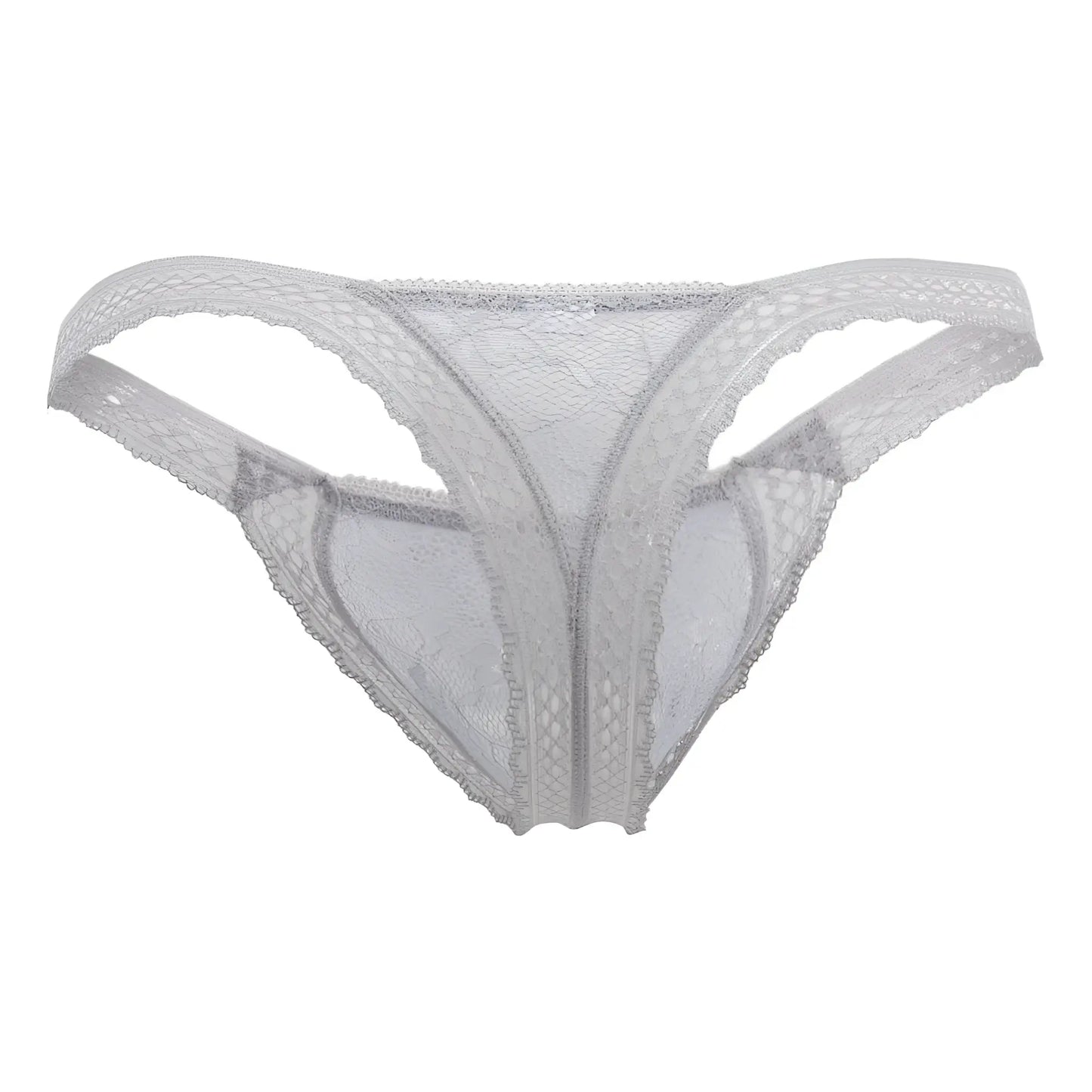 Gray candyman 99420 double lace thong with delicate white floral patterns and scalloped edges