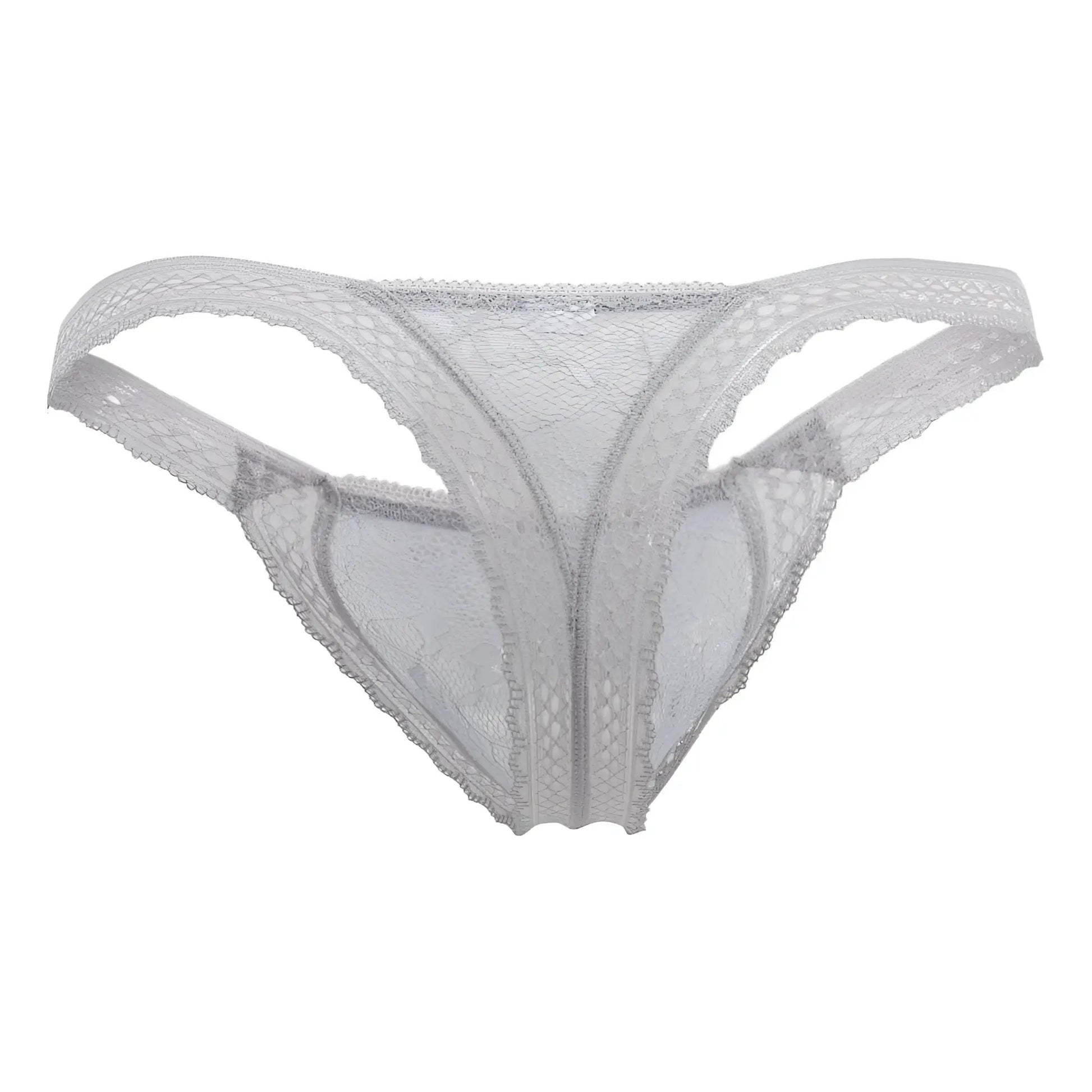 Gray candyman 99420 double lace thong with delicate white floral patterns and scalloped edges