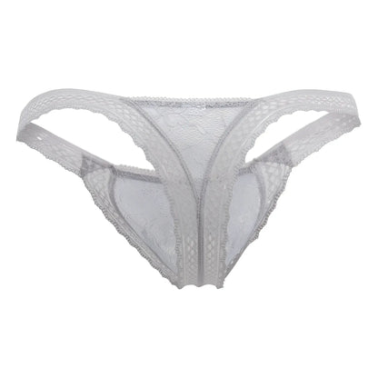 Gray candyman 99420 double lace thong with delicate white floral patterns and scalloped edges