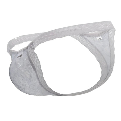 White lace thong candy man 99420 in gray with delicate intricate pattern and sheer fabric shown from the back
