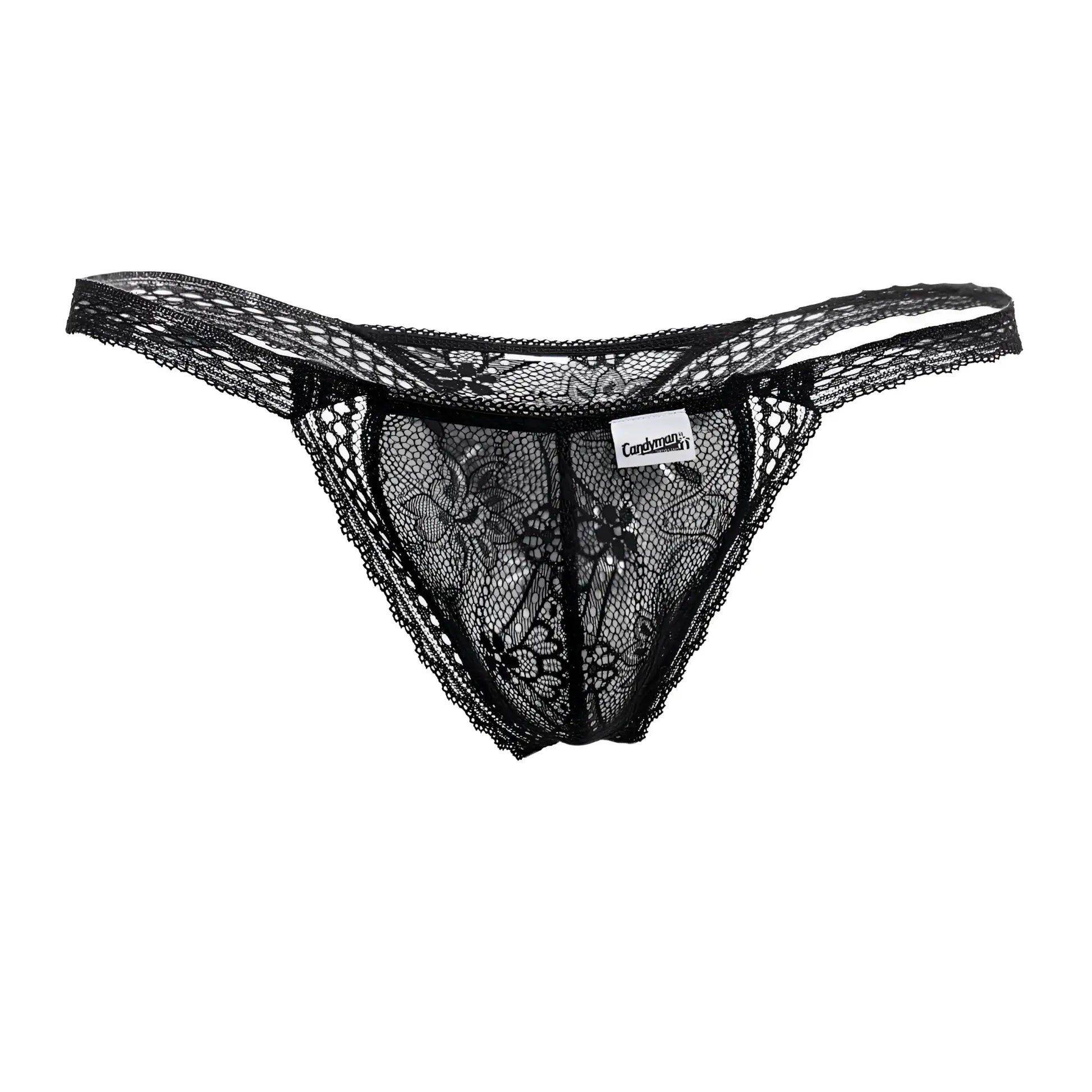 Black lace thong candy man 99420x in black features intricate floral patterns and a delicate sheer double lace design