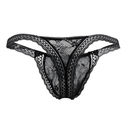 Black candyMan 99420X double lace thong with intricate floral patterns and sheer mesh texture