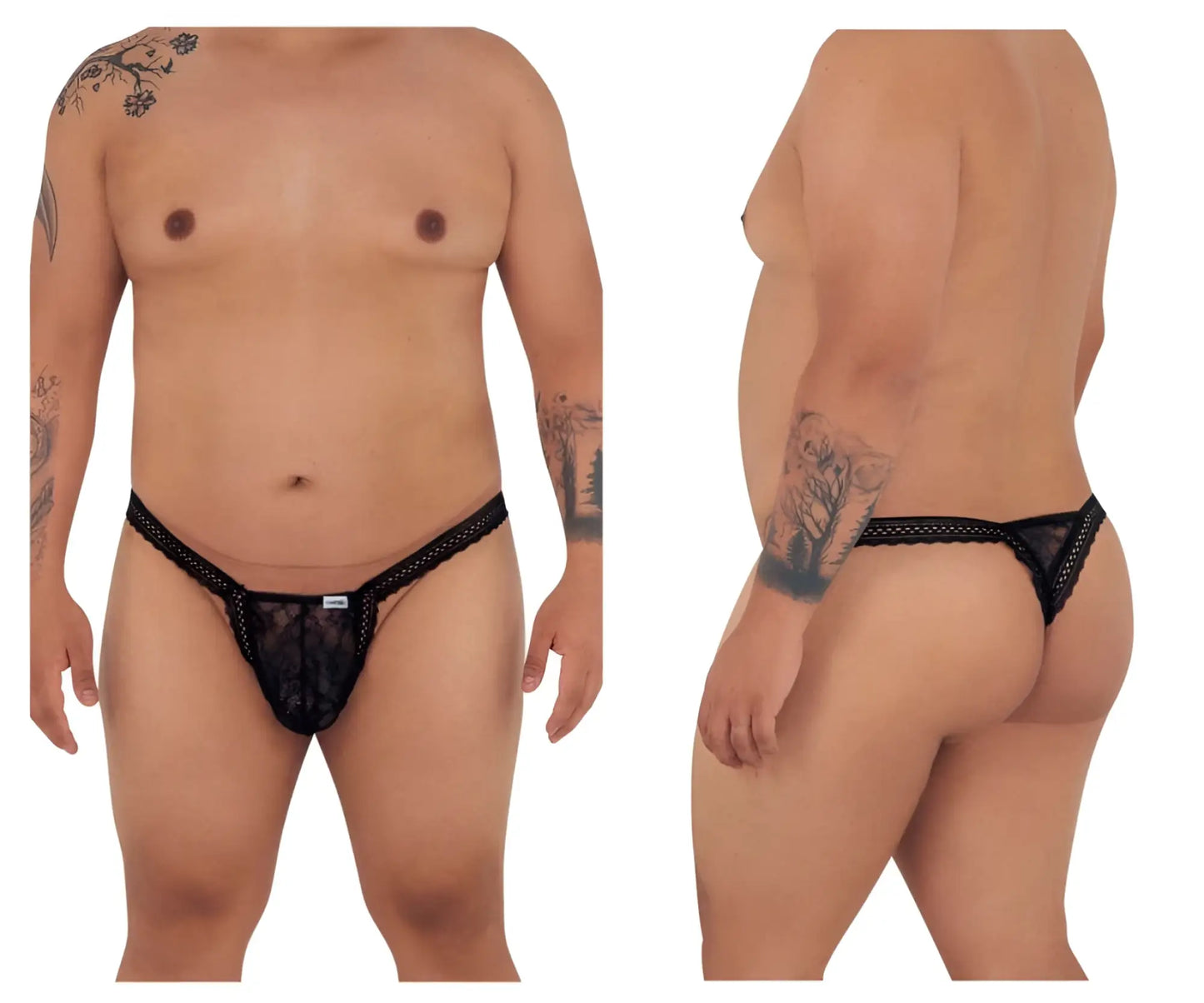 Black lace thong candyMan 99420X with mesh design and small brand tag at the front in black color