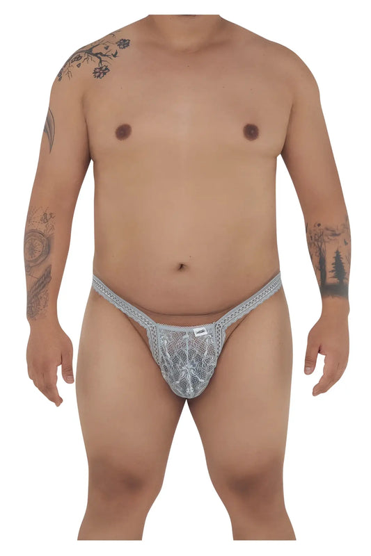 Silver gray CandyMan 99420X double lace thong with intricate pattern and adjustable waistband shown from the back side