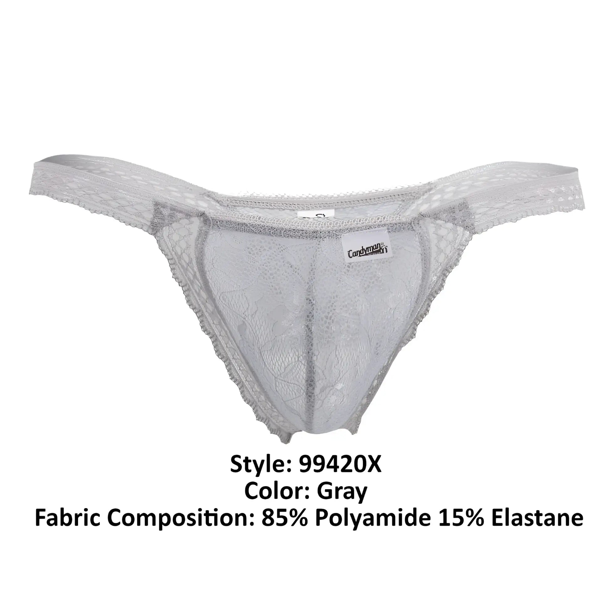 Gray lace thong from candyman 99420X featuring delicate intricate pattern and thin straps in gray