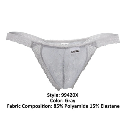 Gray lace thong from candyman 99420X featuring delicate intricate pattern and thin straps in gray