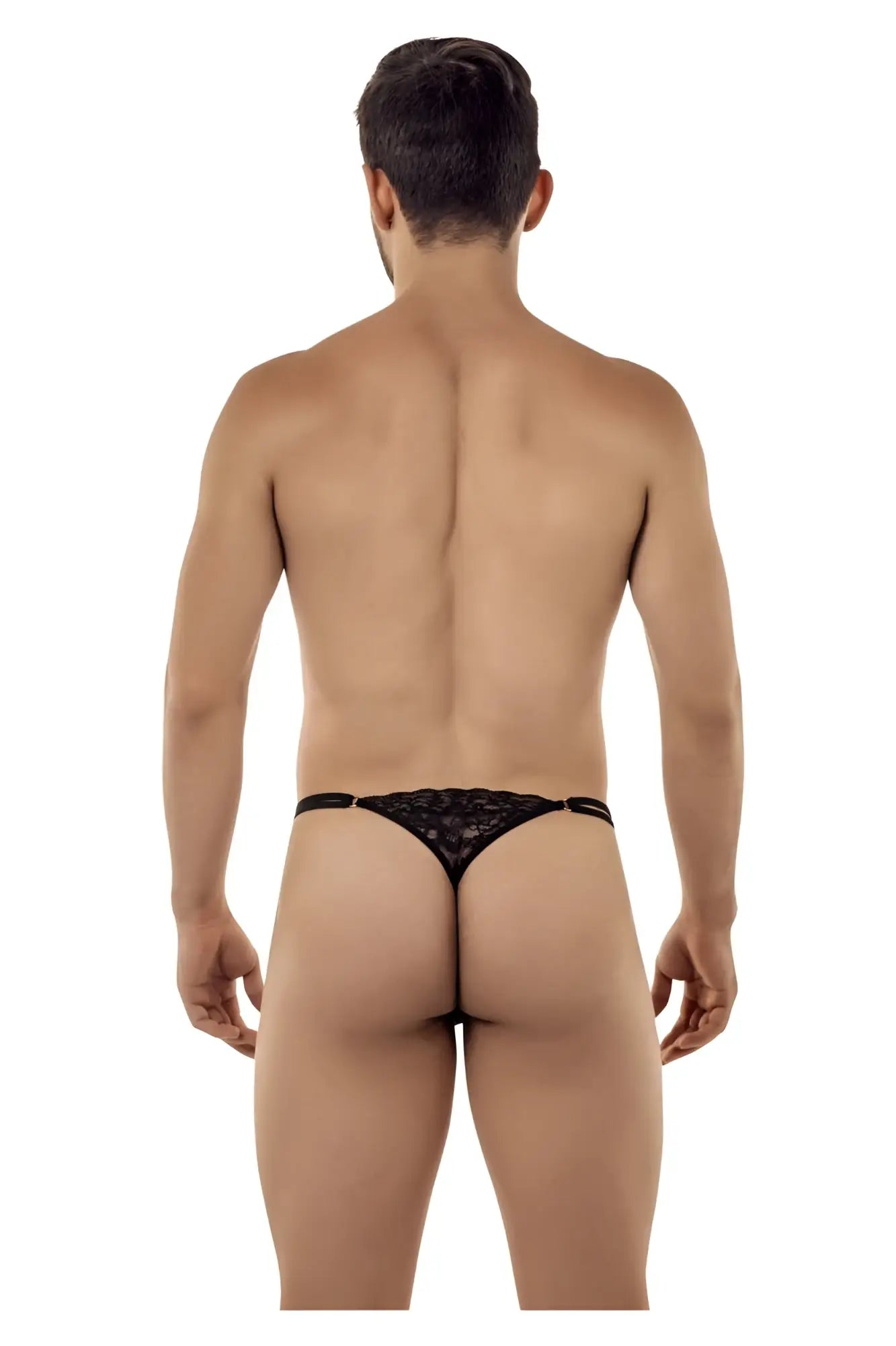 Black lace thong g-string with delicate intricate pattern by CandyMan model 99421 in black color