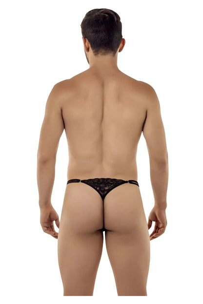 Black lace thong g-string with delicate intricate pattern by CandyMan model 99421 in black color