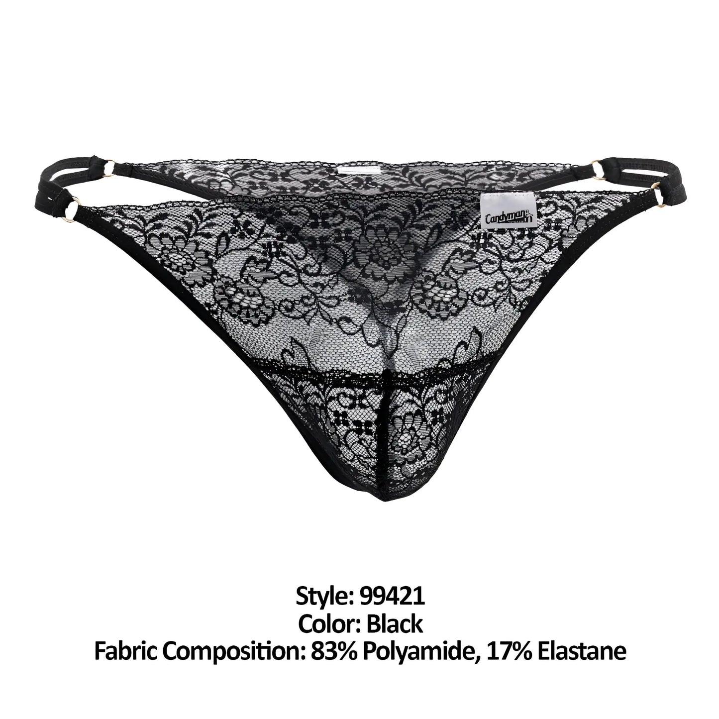 Black candyman 99421 lace g-string thong with intricate floral patterns and adjustable straps front view