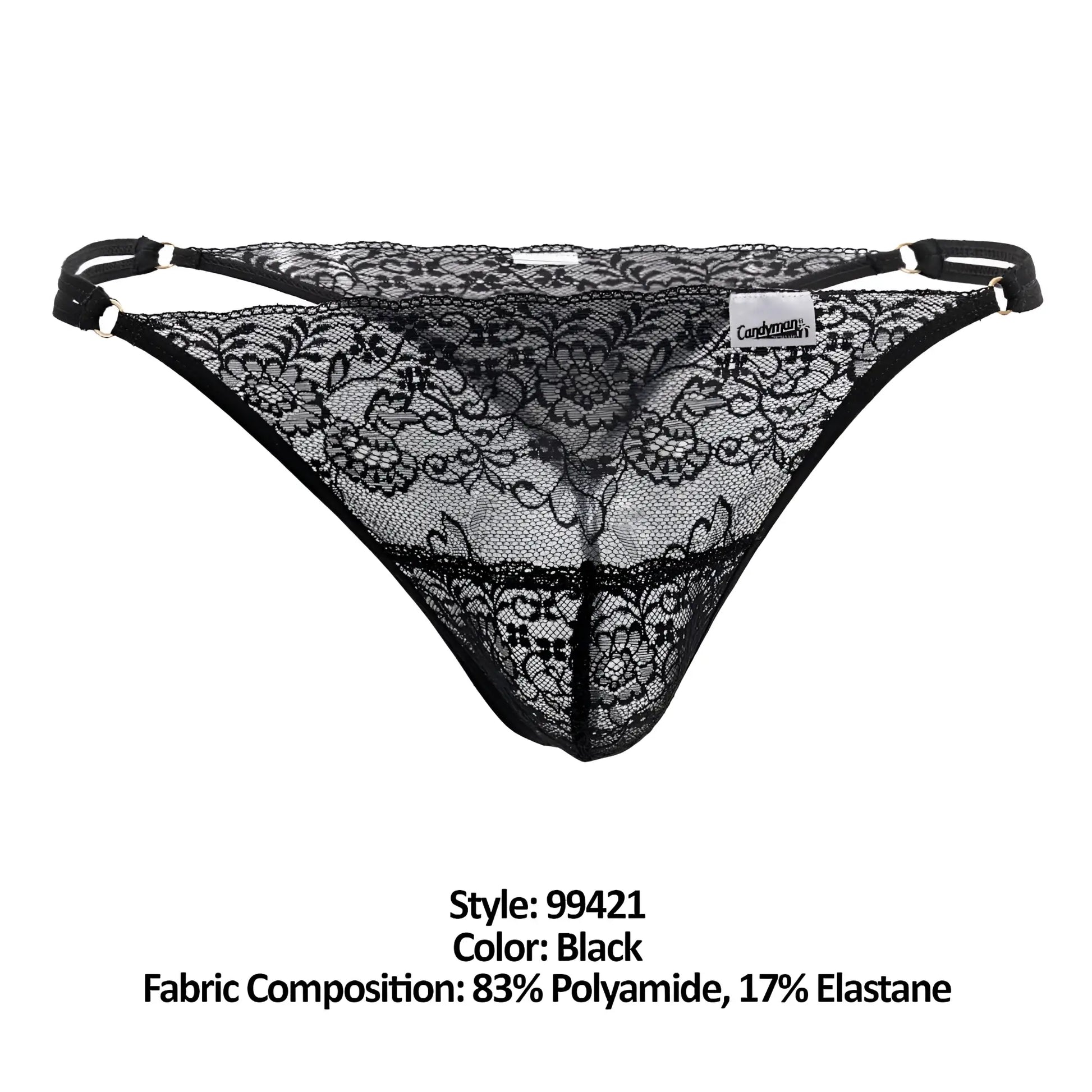 Black candyman 99421 lace g-string thong with intricate floral patterns and adjustable straps front view