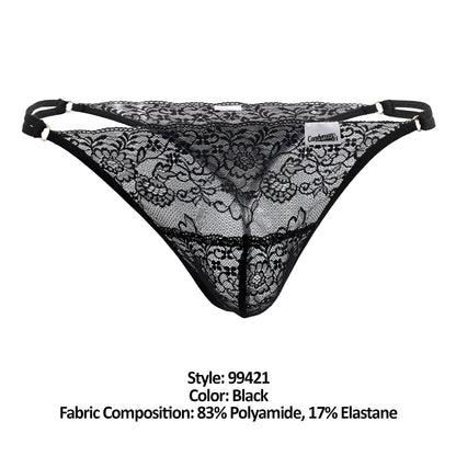 Black candyman 99421 lace g-string thong with intricate floral patterns and adjustable straps front view