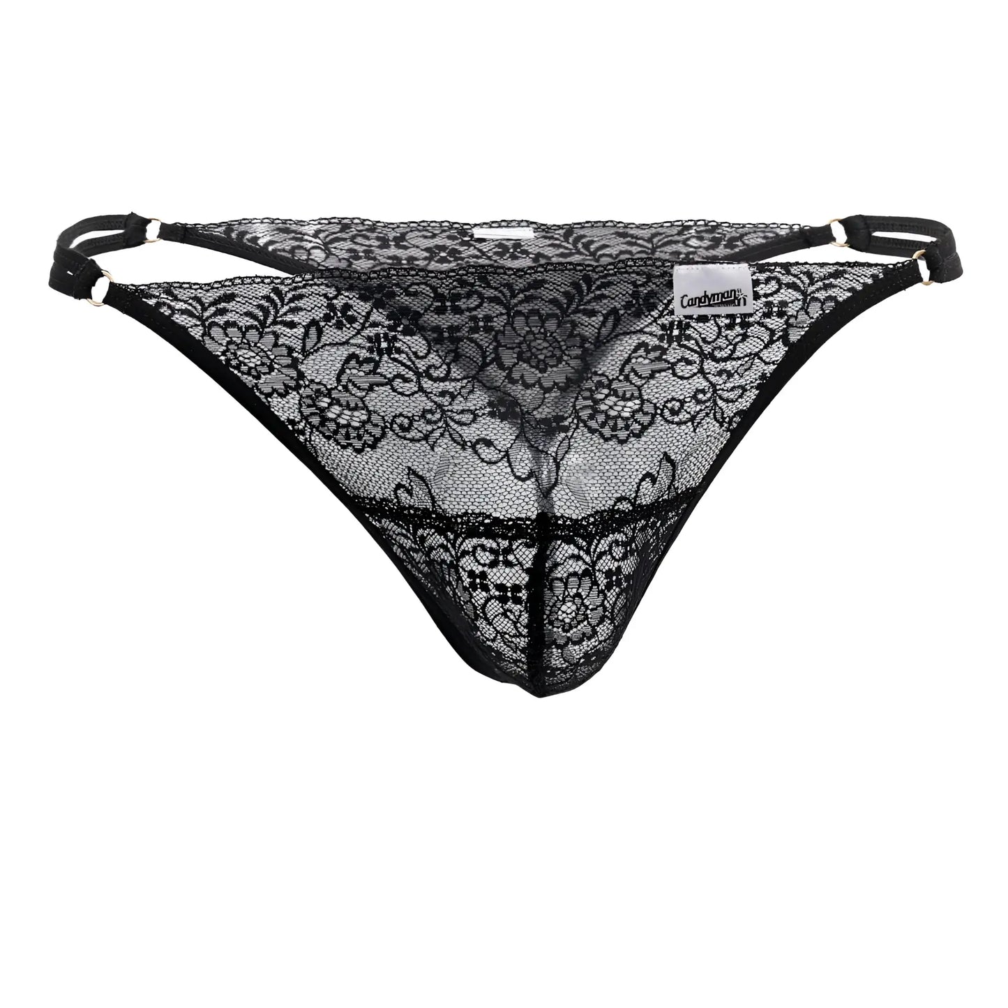 CandyMan 99421 black lace g-string thong with intricate floral patterns and adjustable straps shown from the back