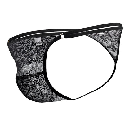 Black lace thong CandyMan 99421 with intricate floral patterns and solid black elastic waistband front view