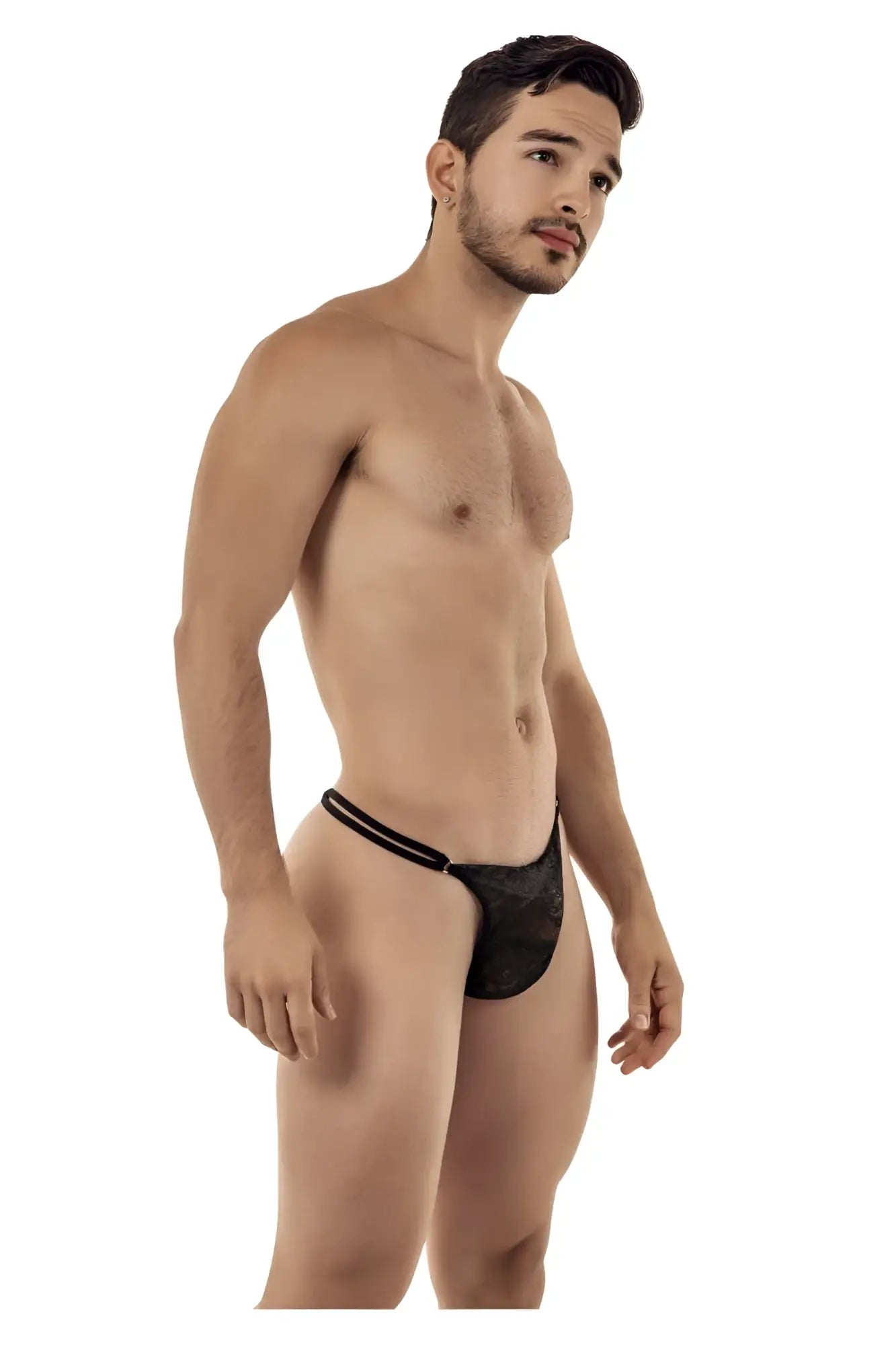 Black lace thong with thin white trim on waistband candyMan 99421 lace g-string thong in black shown from the back