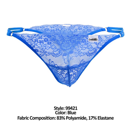 Bluelace thong with floral pattern and elastic side straps candyMan 99421 lace g-string thong in blue