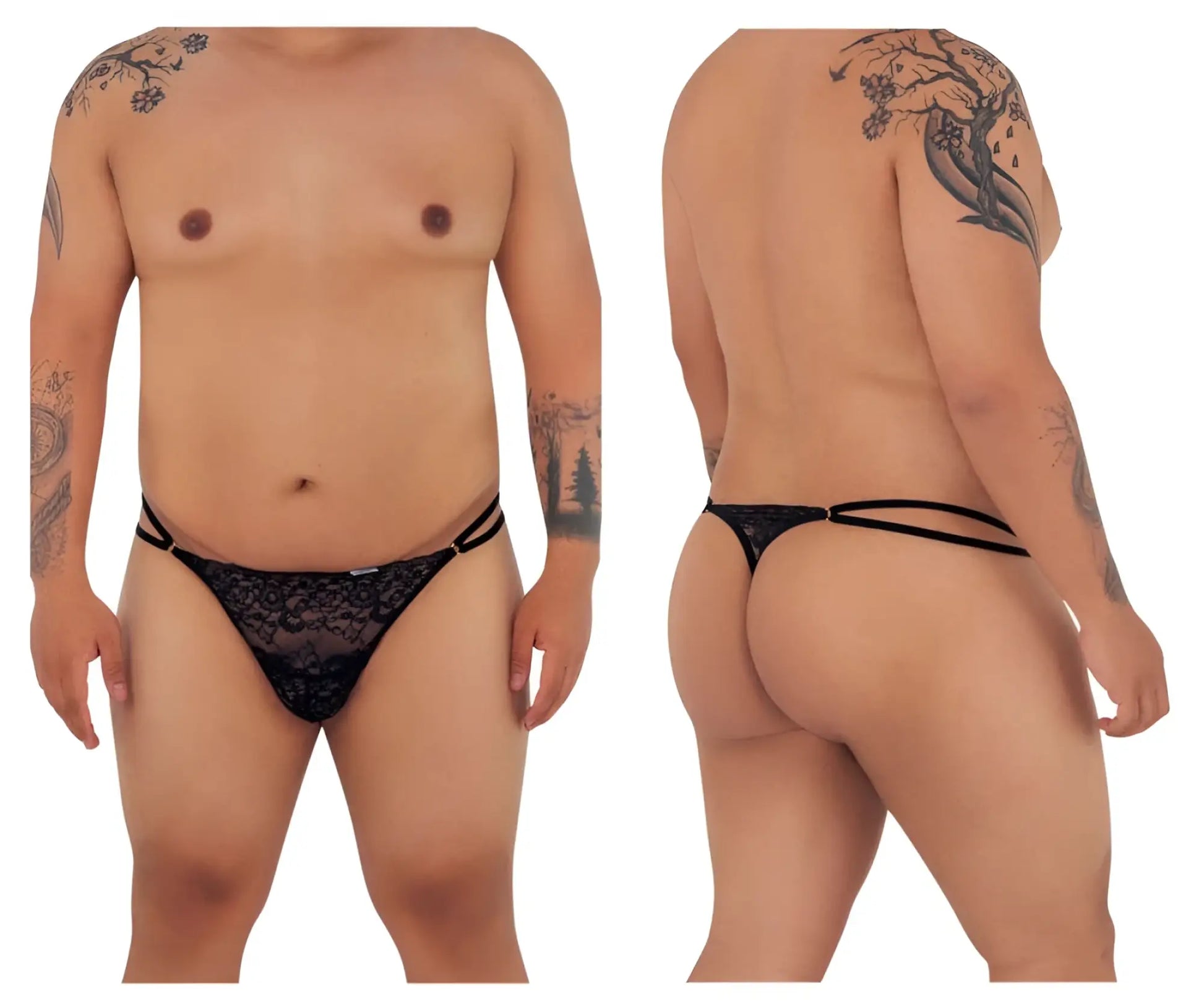 Black lace CandyMan 99421X G-string thong featuring double-strap design shown from the back side