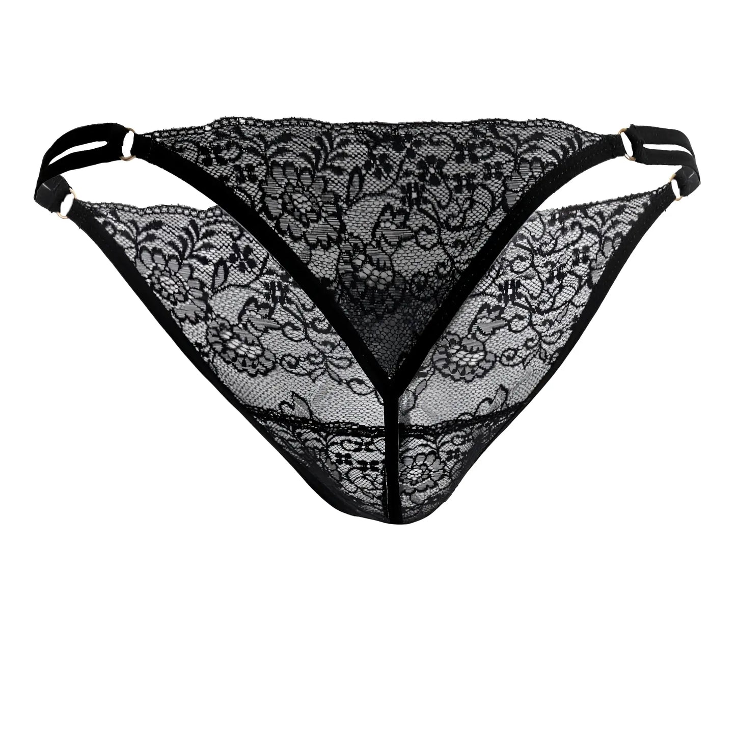 Candidman 99421x black lace g-string thong with floral pattern and adjustable straps shown from the back side