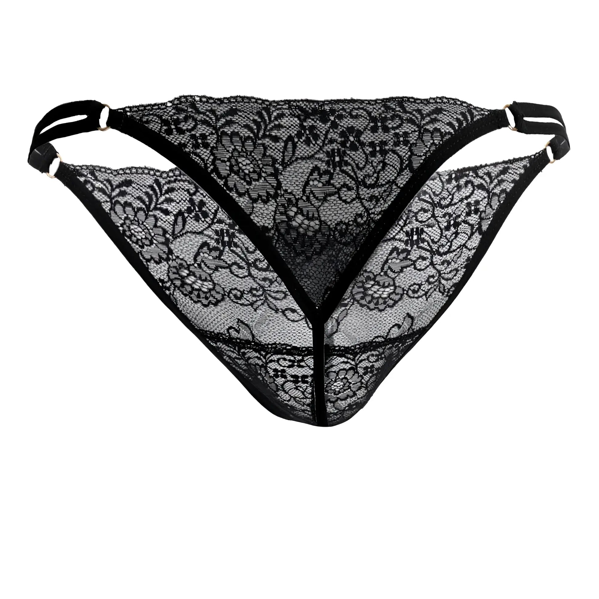 Candidman 99421x black lace g-string thong with floral pattern and adjustable straps shown from the back side